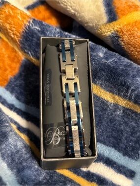 Men's Stainless Steel Link Bracelet with Blue Accents